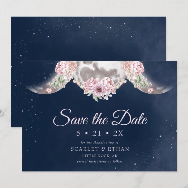 Save The Date Triple Lune Bleu foncé Nuit Ciel Floral Handfastin (Devant / Derrière)