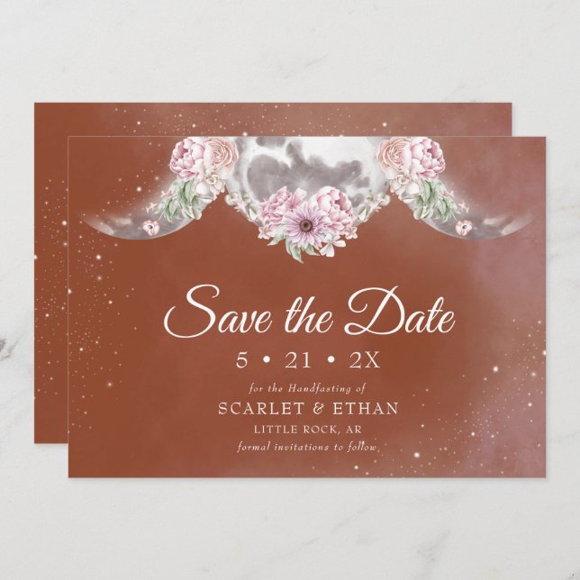 Save The Date Triple Lune & Étoiles Boho Terracotta Handfasting (Devant / Derrière)