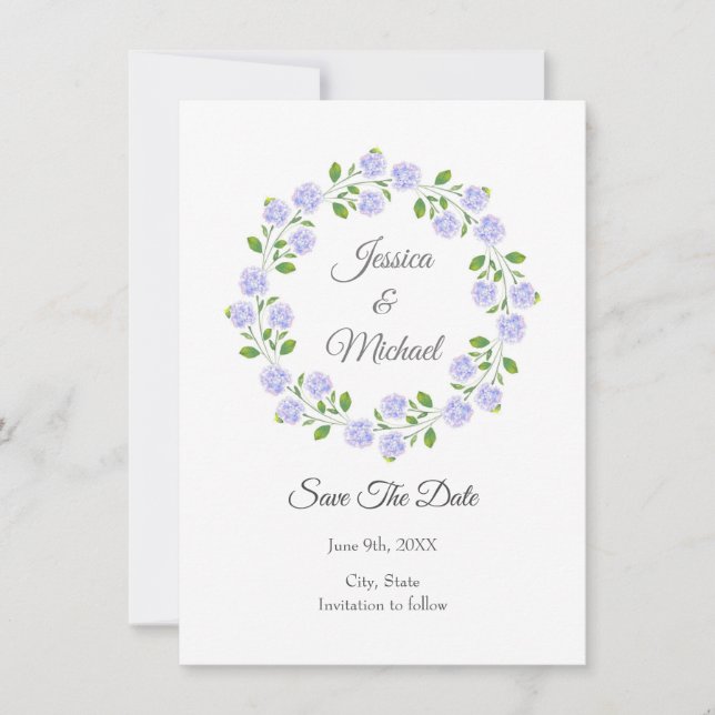 Save The Date Trois Hydrangées Aquarelle Florale Wreath (Devant)