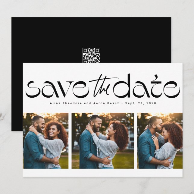 Save The Date Trois photo simple moderne tendance noir blanc (Devant / Derrière)
