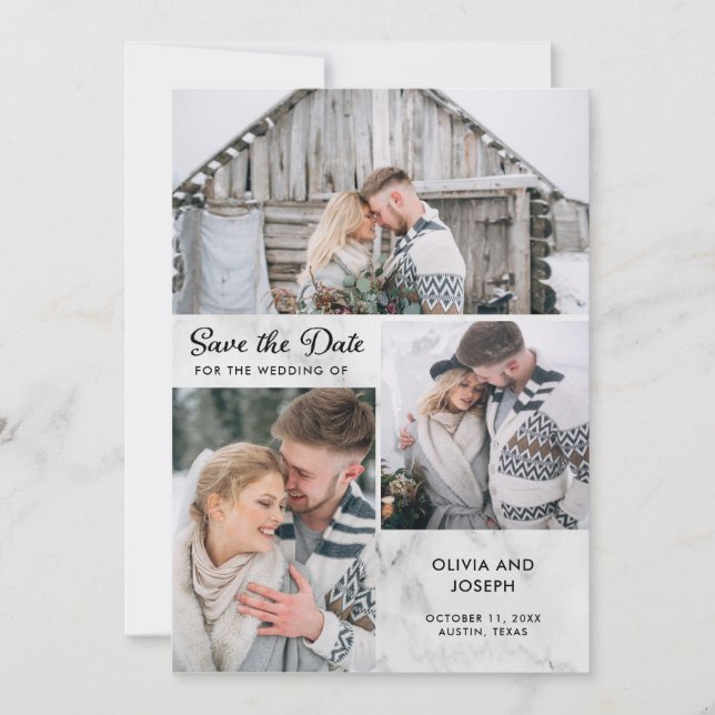 Save The Date Trois photos sur un look marbré | MARIAGE (Devant)