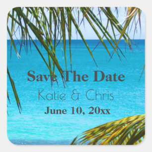 Save The Date Tropical Azure Beach and Palm Fronds Square Sticker
