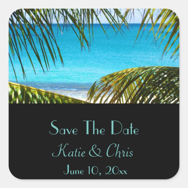Save The Date Tropical Beach and Palm Fronds Square Sticker (Front)
