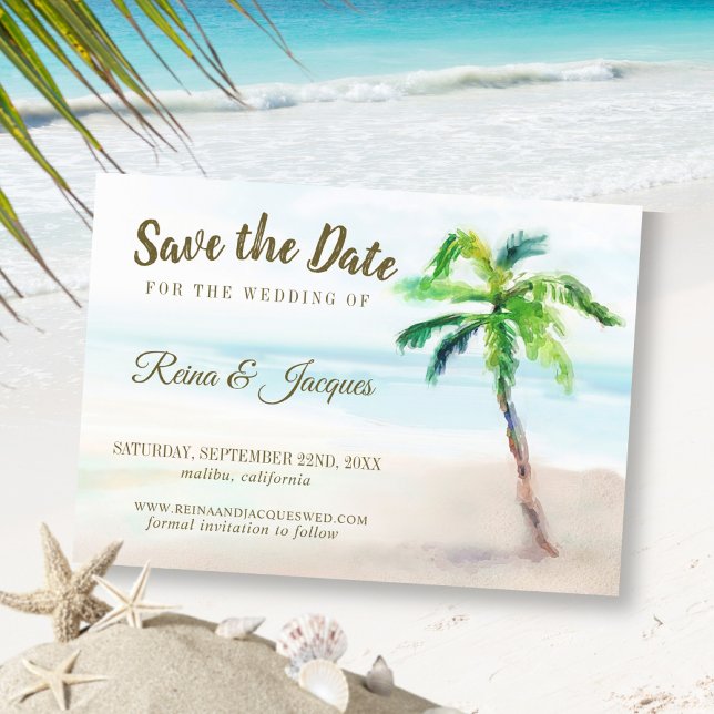 Save The Date Tropical Beach Palm Tree Enregistrer La Date Maria (Créateur téléchargé)