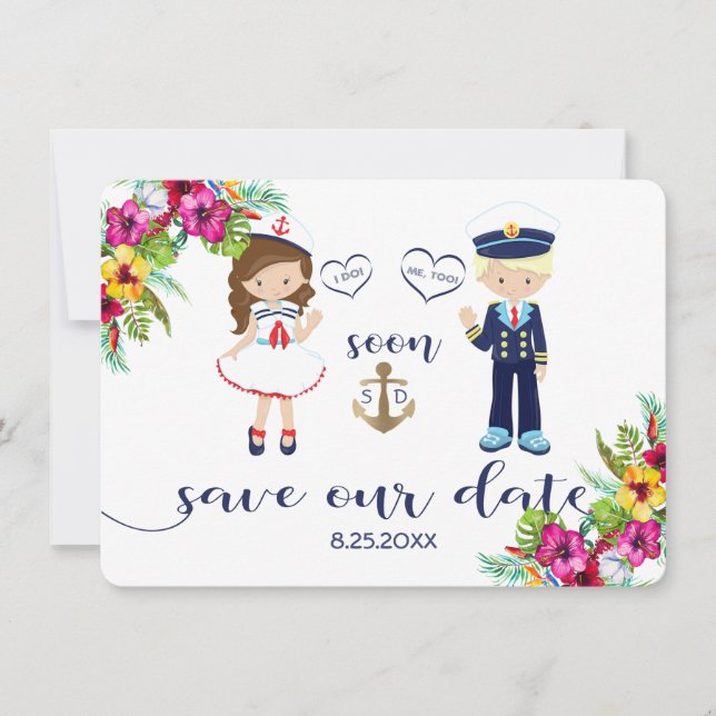 Save The Date Tropical Floral Luau Navy Stripes Enregistrer la d (Devant)
