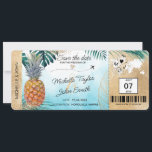 Save the Date Tropical Pineapple Boarding Pass Invitation<br><div class="desc">Destination  Beach Wedding Boarding Pass Ticket Gold Plane Save the Date with heart and plane icon with pineapple</div>