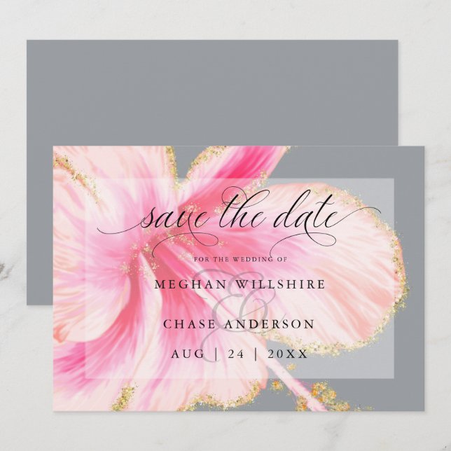 Save The Date Tropical Rustique Aquarelle Fleur Rose (Devant / Derrière)