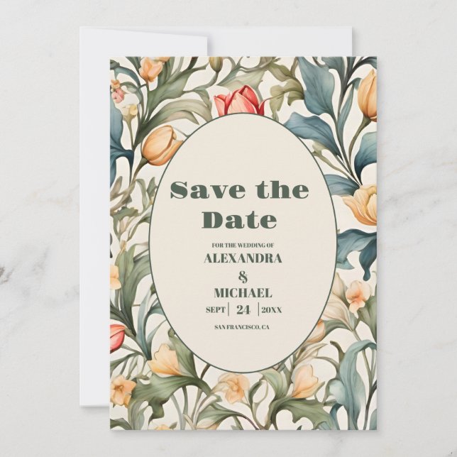 Save The Date Tulipes d'aquarelle William Morris Mariage (Devant)