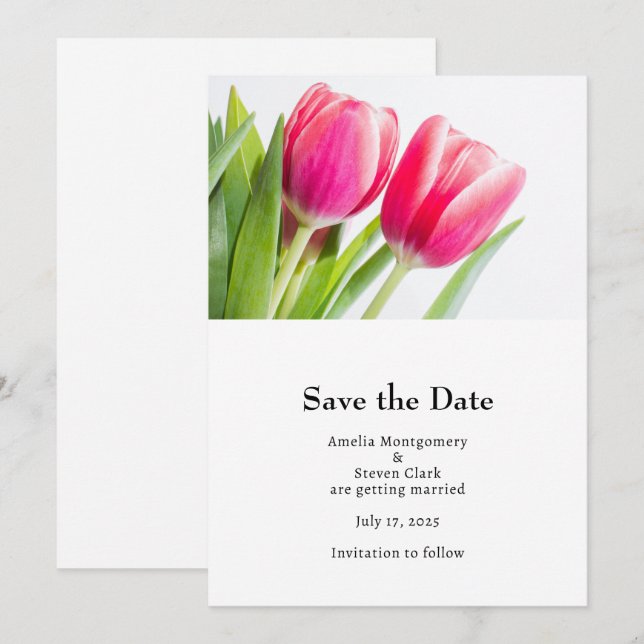 Save The Date Tulipes roses avec Mariage photo Feuille vert (Devant / Derrière)