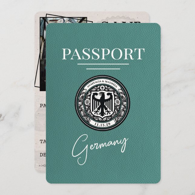 Save The Date Turquoise Allemagne Passeport Enregistrer La Date (Devant / Derrière)