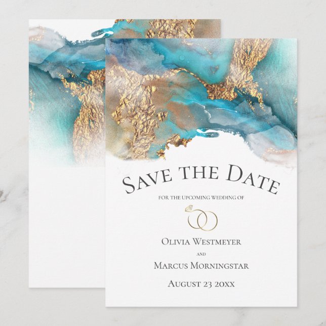 Save the Date Turquoise and Gold Ink Marble Invitation (Front/Back)
