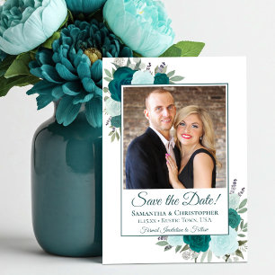 Save The Date Turquoise & Aqua Watercolor Boho Roses & Mariage p