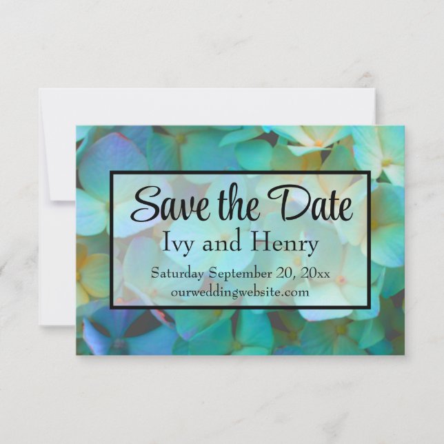 Save The Date Turquoise bleu jaune rose hydrangée fleurs (Devant)