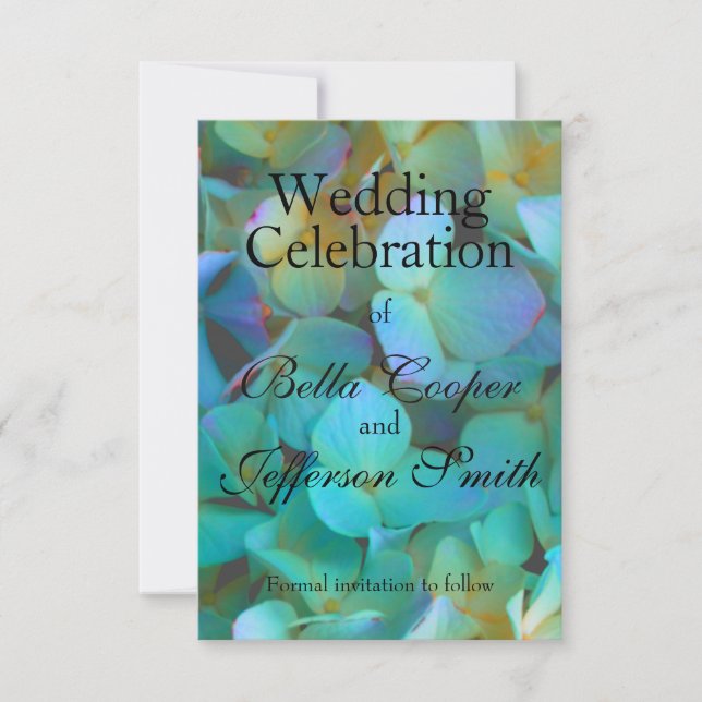 Save The Date Turquoise bleu jaune rose hydrangée fleurs florale (Devant)