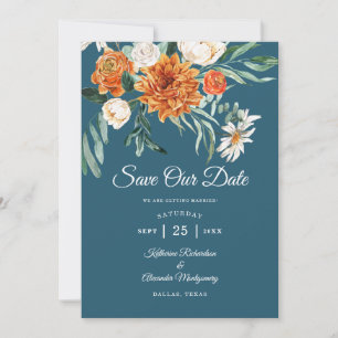 Save The Date Turquoise Blue Terracotta Automne Floral Photo Mar
