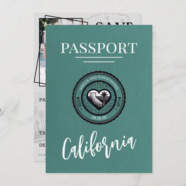 Save The Date Turquoise California Passport Enregistrer La Date (Devant / Derrière)