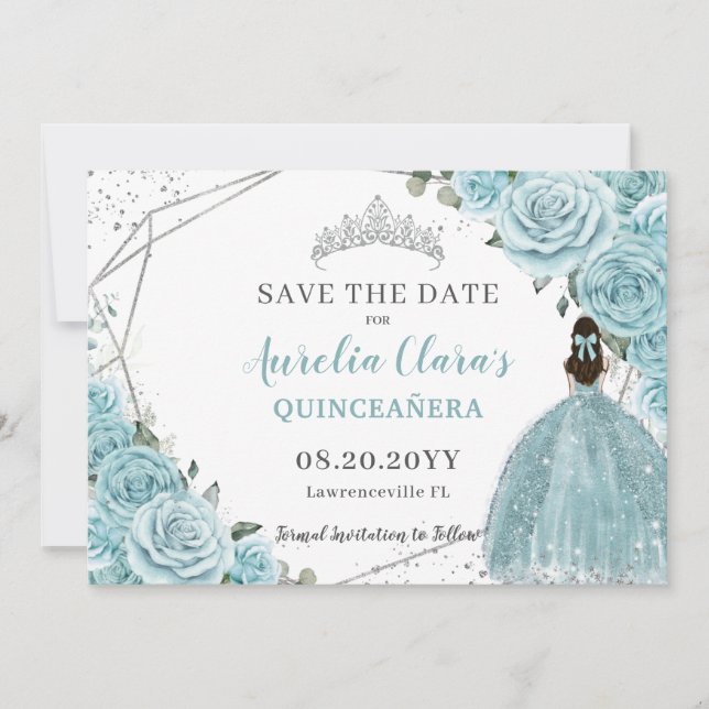 Save The Date Turquoise Floral Argent Quinceanera Sweet sixteen (Devant)