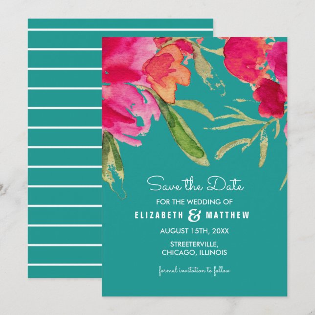 Save the Date. Turquoise Fuchsia Floral Wedding Invitation (Front/Back)