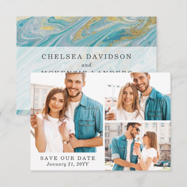 Save The Date Turquoise & Gold Marble 3-Photo Card (Front/Back)