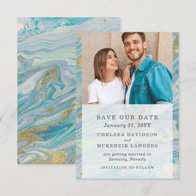 Save The Date Turquoise & Gold Marble Wedding Card (Front/Back)
