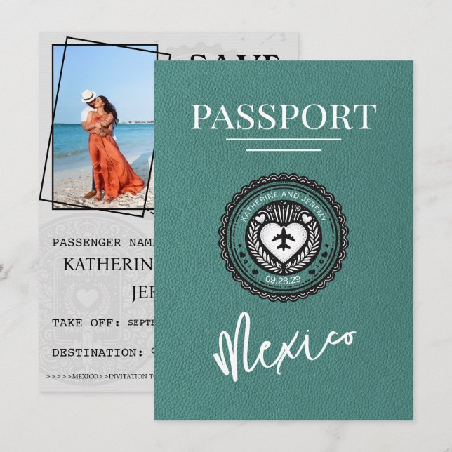 Save The Date Turquoise Mexique Passeport Enregistrer La Date (Devant / Derrière)