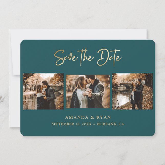 Save The Date Turquoise moderne et Gold Foil Mariage 3 Photo (Devant)
