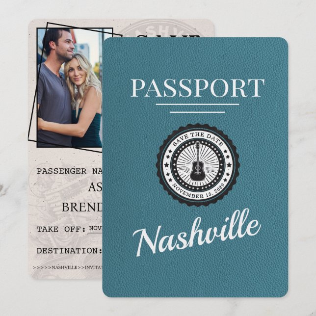 Save The Date Turquoise Nashville Passport Enregistrer La Date (Devant / Derrière)
