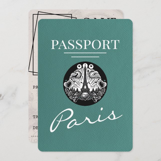Save The Date Turquoise Paris Passport Enregistrer La Date (Devant / Derrière)
