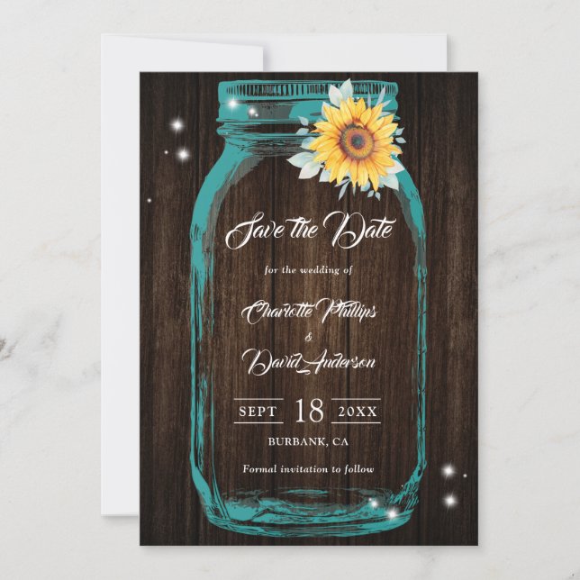 Save The Date Turquoise Rustique en bois Mason Jar Mariage tourn (Devant)