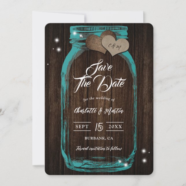 Save The Date Turquoise rustique Mason Jar Mariage de automne en (Devant)