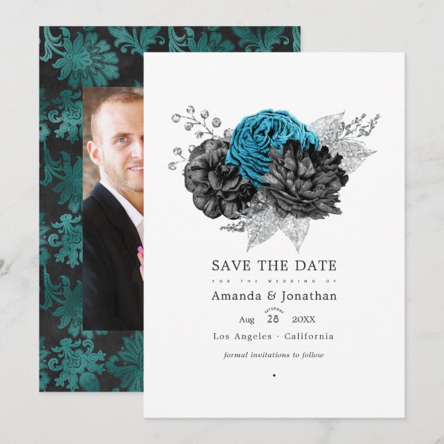 Save The Date Turquoise - Sarcelle Mariage Fleurie Noir et Argen (Devant / Derrière)