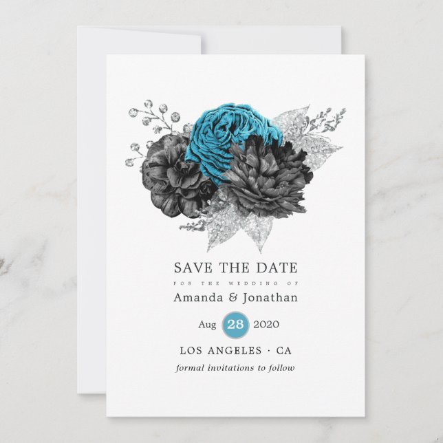 Save The Date Turquoise - sarcelle mariage floral noir et argent (Devant)