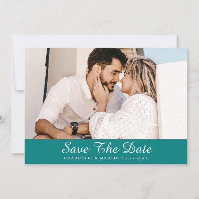 Save The Date Turquoise Script Mariage Photo Enregistrer Les Car (Devant)