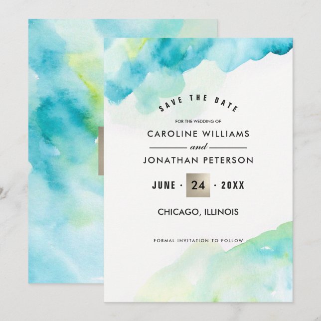 Save the Date. Turquoise Watercolor Wedding Invitation (Front/Back)