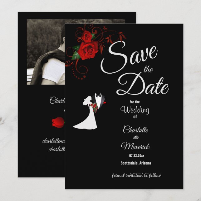 Save The Date Tuxedo Suit & Bride Silhouette Red Roses Mariage (Devant / Derrière)