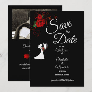 Save The Date Tuxedo Suit & Bride Silhouette Red Roses Mariage