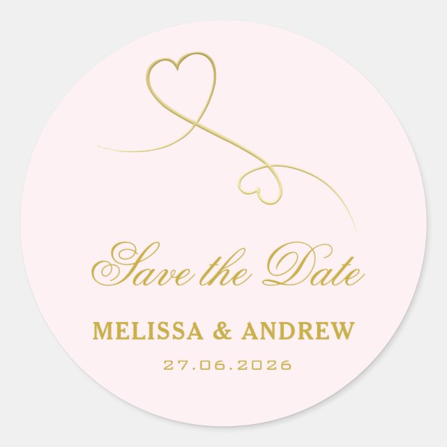 Save the Date | Two Gold Hearts Blush Pink Wedding Classic Round Sticker (Front)