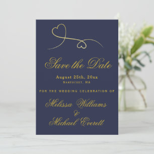 Save the Date Two Gold Hearts Navy Blue Wedding