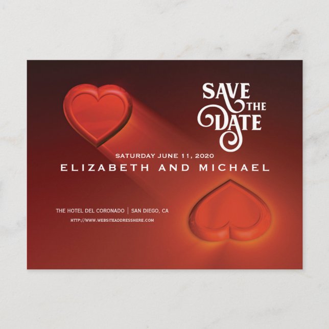Save The Date, Two Hearts Red Postcard (Version 2) (Front)