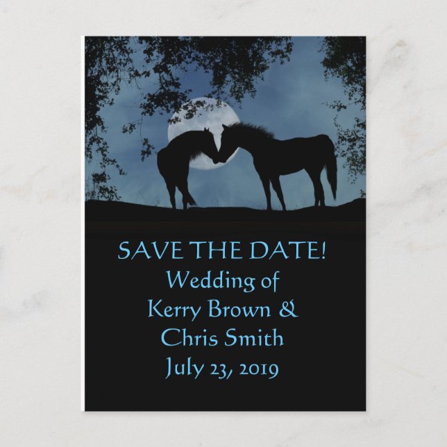 Save the Date two Horses in Moonlight Postcard (Front)