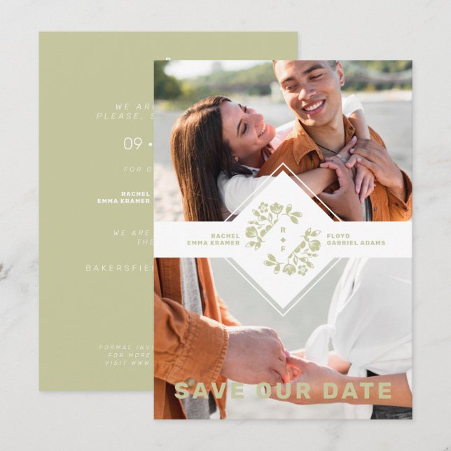Save The Date Two Photos Minimalist Floral Collage Wedding (Devant / Derrière)