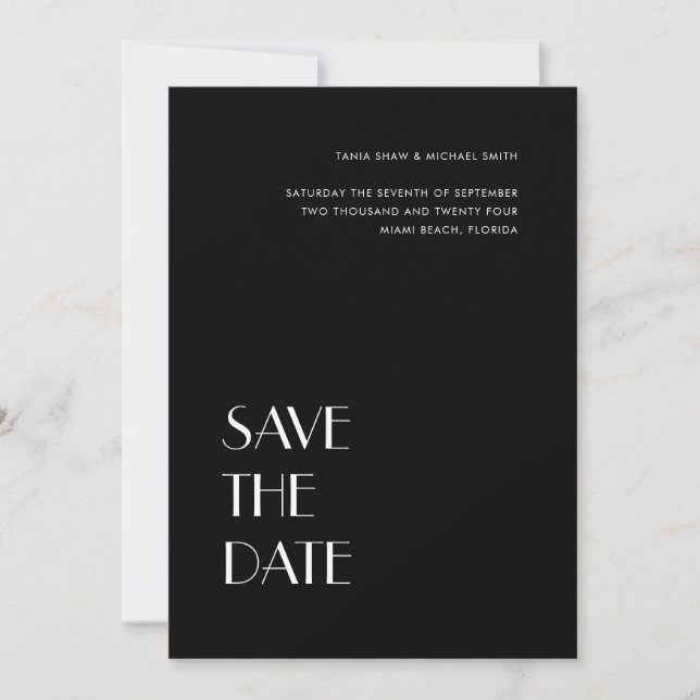Save The Date Typographie Art Déco Mariage noir blanc (Devant)