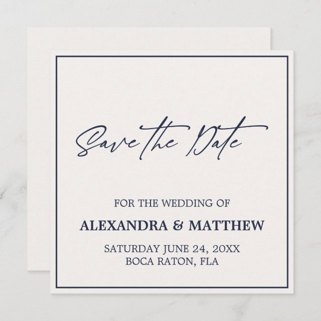 Save The Date Typographie bleu marine moderne simple (Devant / Derrière)