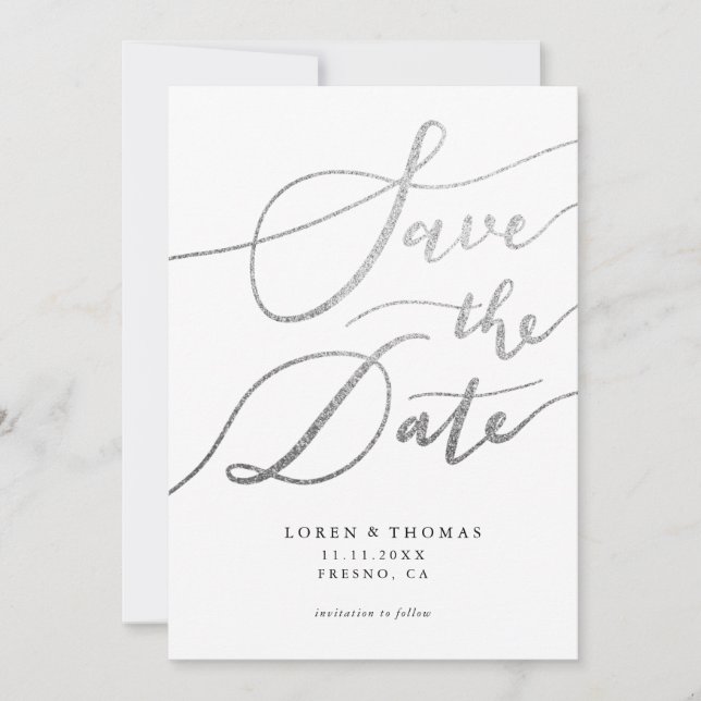 Save The Date Typographie de script blanc argenté (Devant)