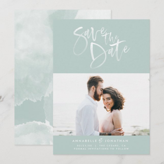 Save The Date Typographie de script d'aquarelle moderne photo ma (Devant / Derrière)