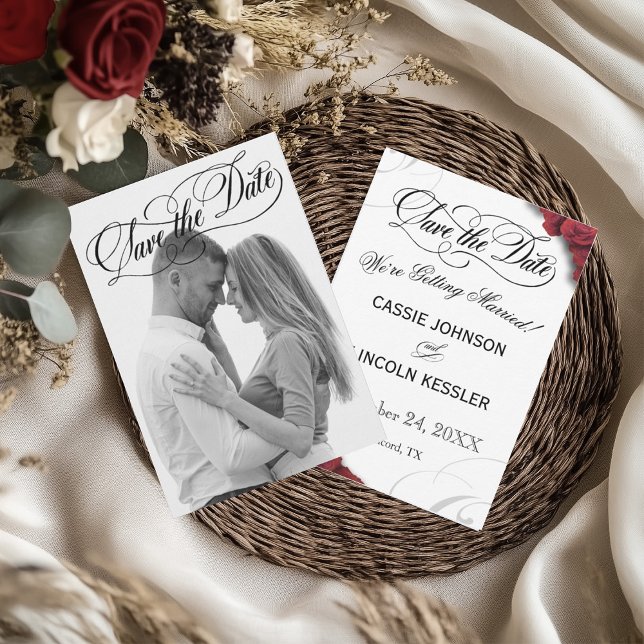 Save The Date Typographie de script photo Roses rouges (Red Roses Save the Date with Photo and Script)