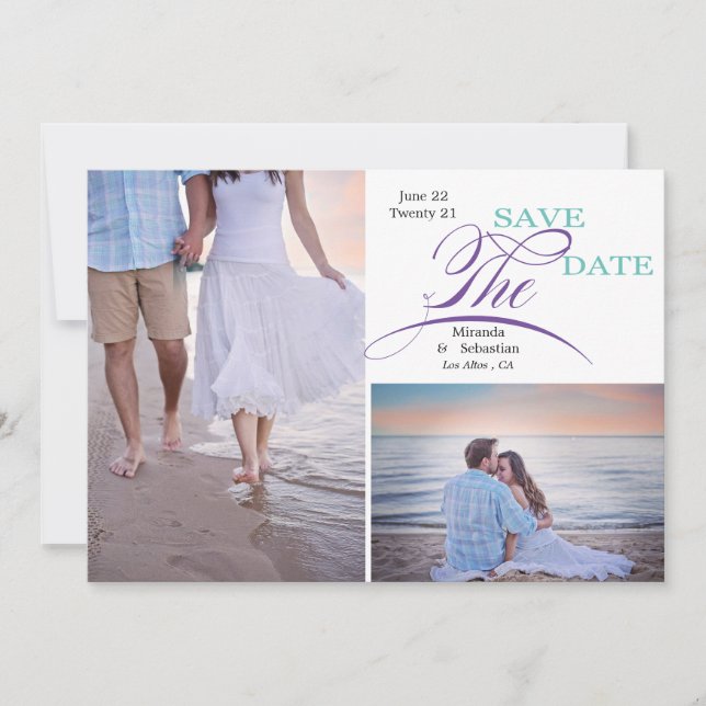 Save The Date Typographie joueuse Violet Turquoise 2 photo (Devant)