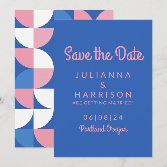 Save The Date Typographie mignonne rose et bleu blanc (Devant / Derrière)