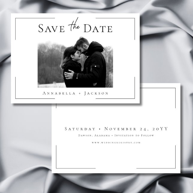 Save The Date Typographie minimale Mariage photo noir et blanc (Minimal Typography Black & White Photo Wedding Save The Date)