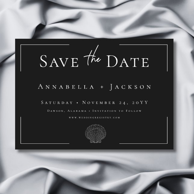 Save The Date Typographie minimale Mariage Shell noir et blanc (Minimal Typography Black & White Shell Wedding Save The Date)